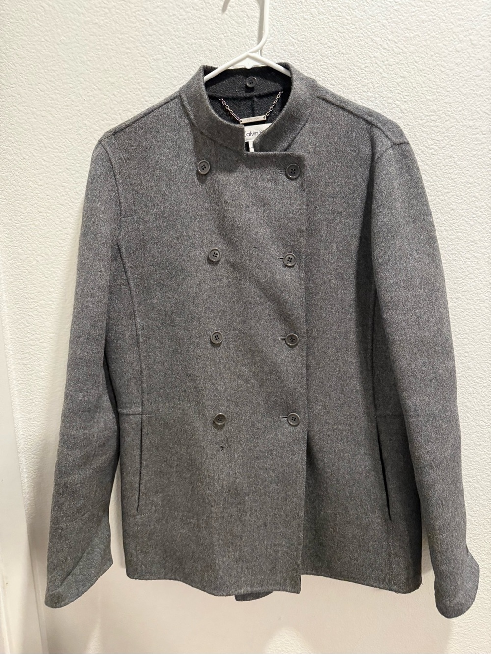 Calvin Klein Charcoal Gray Wool Coat with Branded Chain